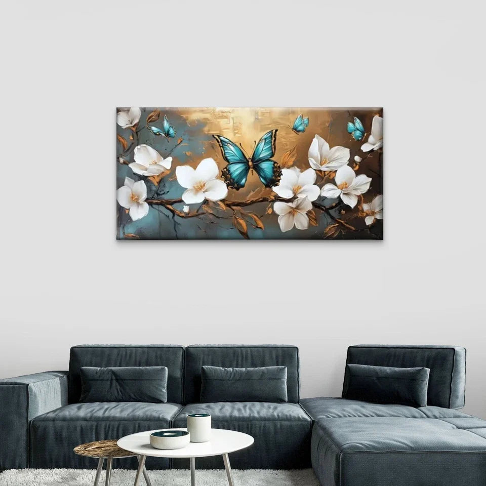 White Flowers Butterflies Wall Art Canvas Office Home Room Framed 80x45cm