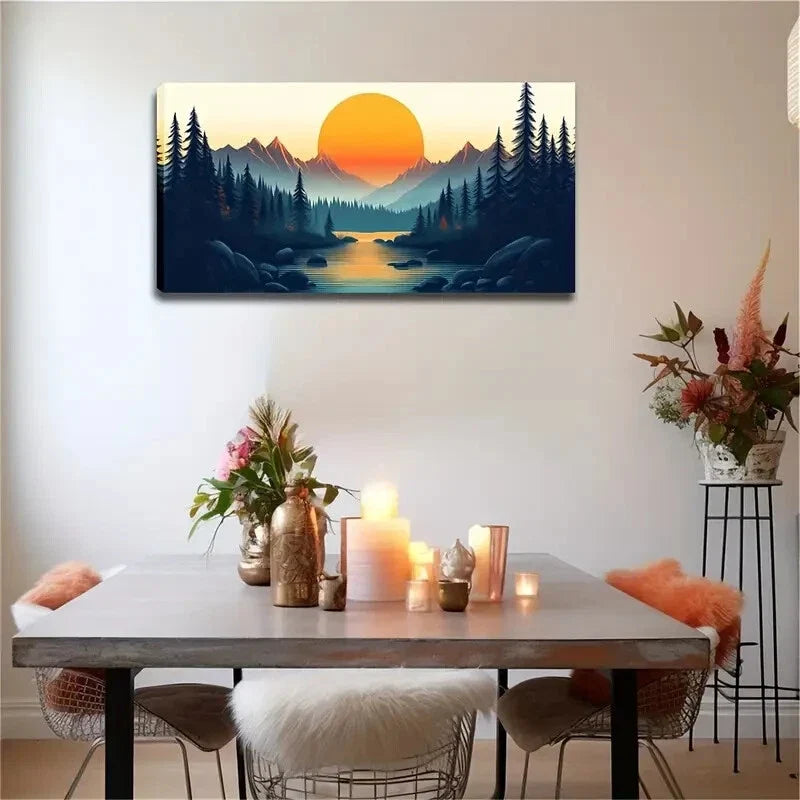 Mountains Huge Sun Slowly Rise Wall Art Canvas Office Home Room Framed 120x60cm