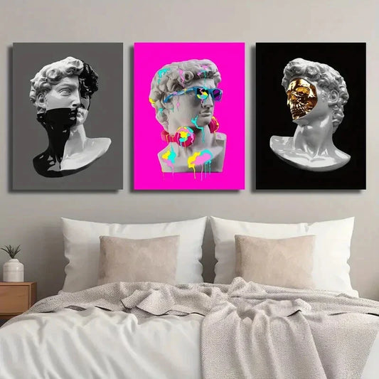 3pcs David Statue Greek Golden Colorful Metal Print Ready to Hang Art