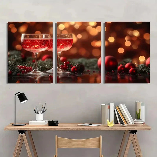 3pcs Elegant Red Wine Glasses Metal Print Ready to Hang Art