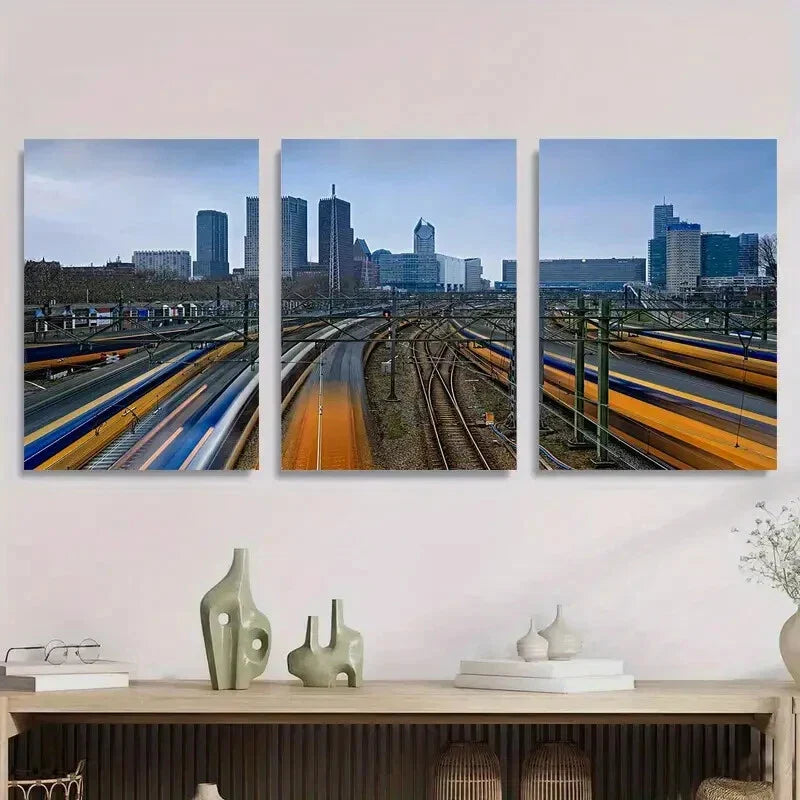 3pcs Three Pieces of Abstract Floral Geometric Metal Print Ready to Hang Art