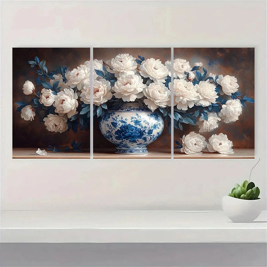 3pcs Blue and White Porcelain Vase Peonies Metal Print Ready to Hang Art