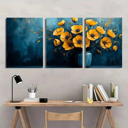3pcs Vibrant Blue & Yellow Floral Metal Print Ready to Hang Art