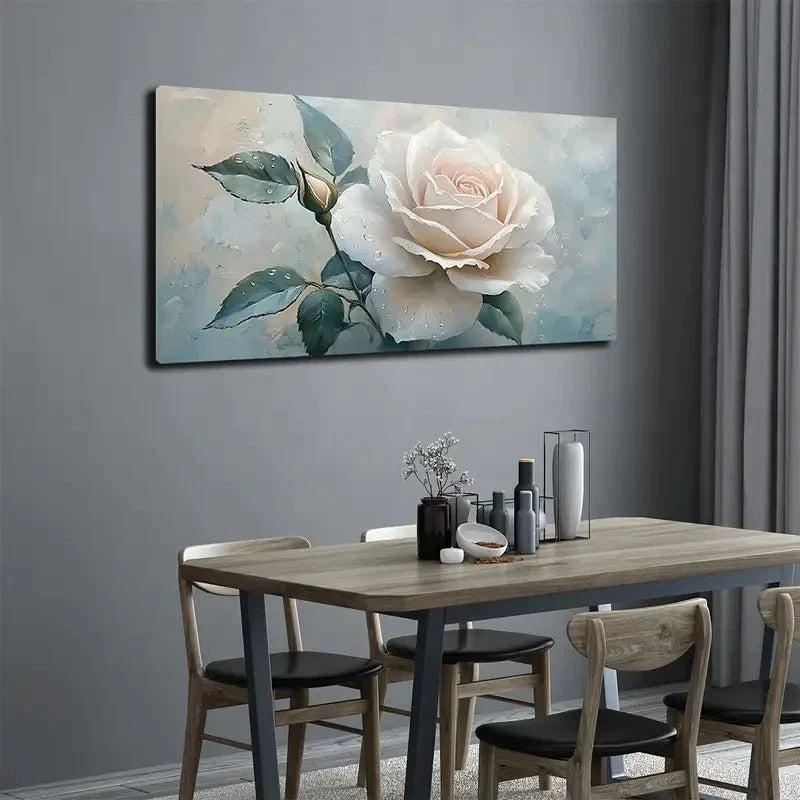 Elegant White Rose with Green Wall Art canvas office home room framed 120x60cm
