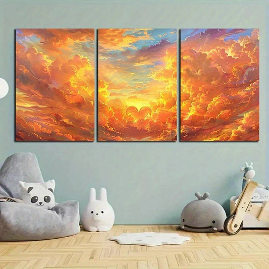 3pcs Heart-Shaped Golden Cloud Metal Print Ready to Hang Art
