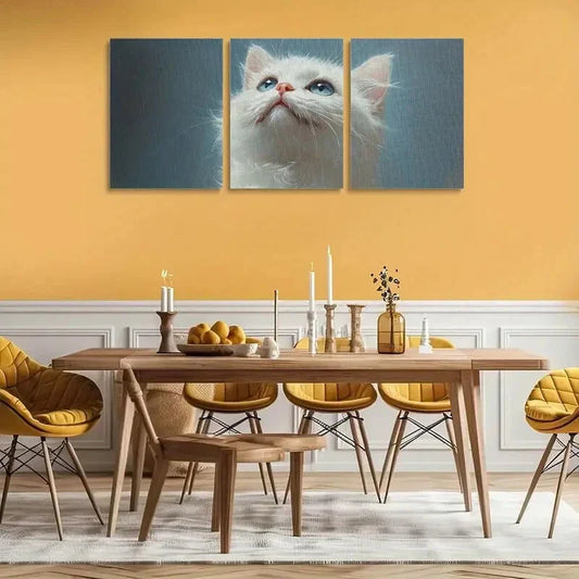 3pcs Fluffy Feline with Blue Eyes on Soft Blue Metal Print Ready to Hang Art