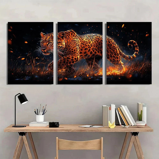 3pcs Fierce Leopard Stunning Golden Metal Print Ready to Hang Art