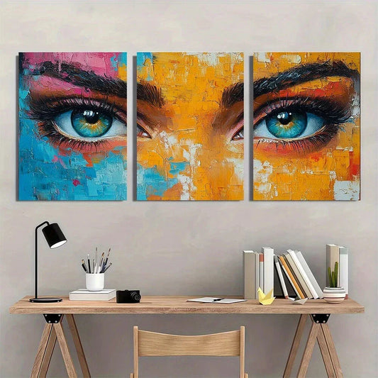 3pcs Abstract Female Face Glasses Vibrant Blue Metal Print Ready to Hang Art