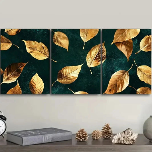 3pcs Dark Green Golden Leaves Design Wall Art Set Canvas Framed 40x60cm - High Quality Print 100% Australian Made Wall Canvas Ready to Hang