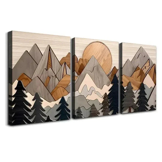 3pcs Nature Landscape Trees Mountains Sun Wall Art Set Canvas Framed 40x60cm - High Quality Print 100% Australian Made Wall Canvas Ready to Hang