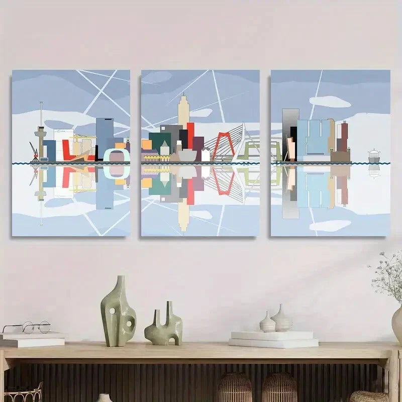 3pcs Abstract City Skyline Geometric Urban Metal Print Ready to Hang Art