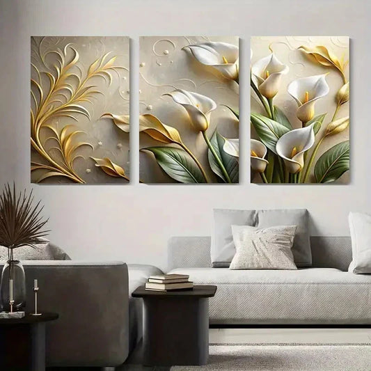 3pcs Lily Floral Design Elegant Golden Metal Print Ready to Hang Art