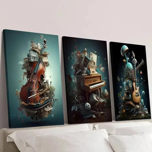 3pcs Violin Piano Guitar & Whimsical Objects Wall Art Set Canvas Framed 40x60cm - High Quality Print 100% Australian Made Wall Canvas Ready to Hang
