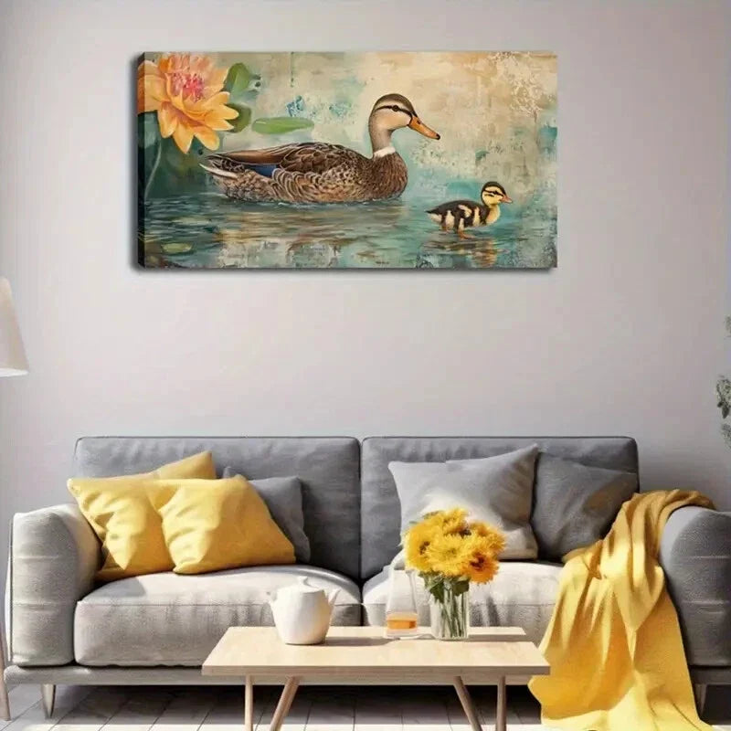 Duck and Lily Pad Minimalist Wall Art Canvas Office Home Room Framed 80x45cm