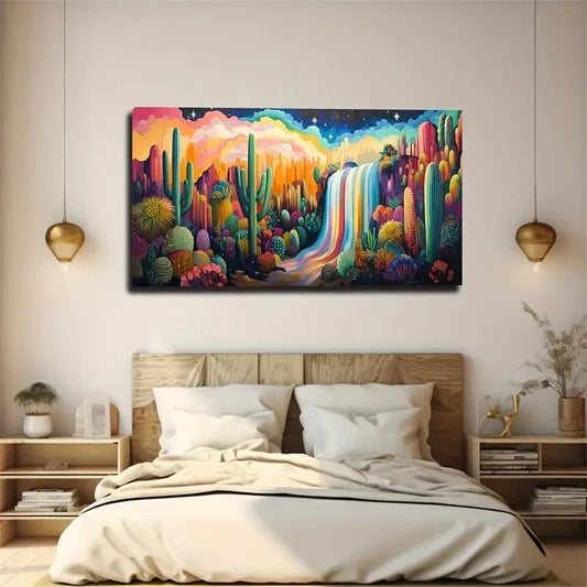 Cactus & Waterfall Landscape Wall Art Canvas Office Home Room Framed 120x60cm