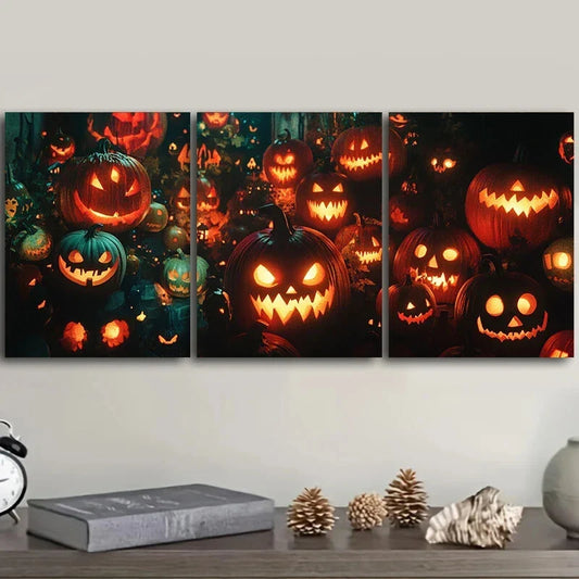 3pcs Pumpkin Faces Design Luxurious Metal Print Ready to Hang Art