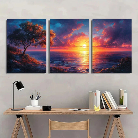 3pcs Sunset Clouds Pink Themed Beach Scenery Metal Print Ready to Hang Art
