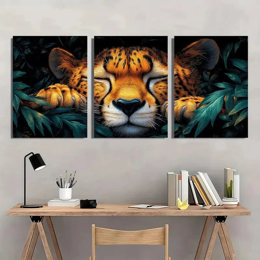 3pcs Vibrant Jungle Scene with Green Leaves & Pine Metal Print Ready to Hang Art