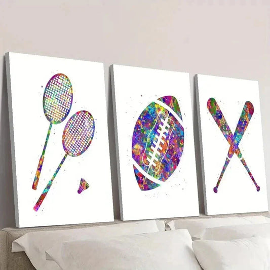 3pcs Rainbow Badminton Football Baseball Wall Art Set Canvas Framed 40x60cm - High Quality Print 100% Australian Made Wall Canvas Ready to Hang