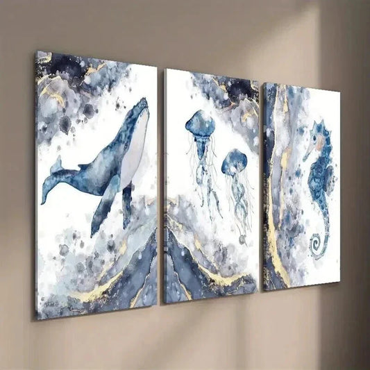 3pcs Blue & Golden Whale Jellyfish Seahorse Wall Art Set Canvas Framed 40x60cm - High Quality Print 100% Australian Made Wall Canvas Ready to Hang