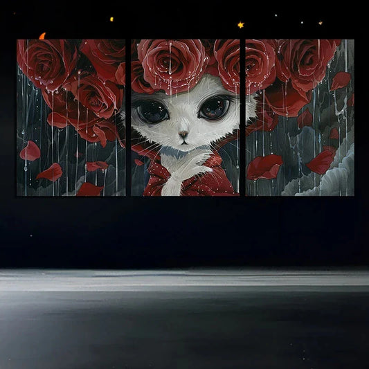 3pcs Whimsical Cat with Red Roses Metal Print Ready to Hang Art