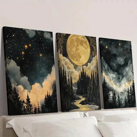 3pcs The Woods Under the Moonlight & Stars Wall Art Set Canvas Framed 40x60cm - High Quality Print 100% Australian Made Wall Canvas Ready to Hang