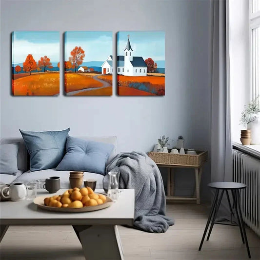 3pcs Countryside Scene with Church & Orange Wall Art Set Canvas Framed 40x60cm - High Quality Print 100% Australian Made Wall Canvas Ready to Hang