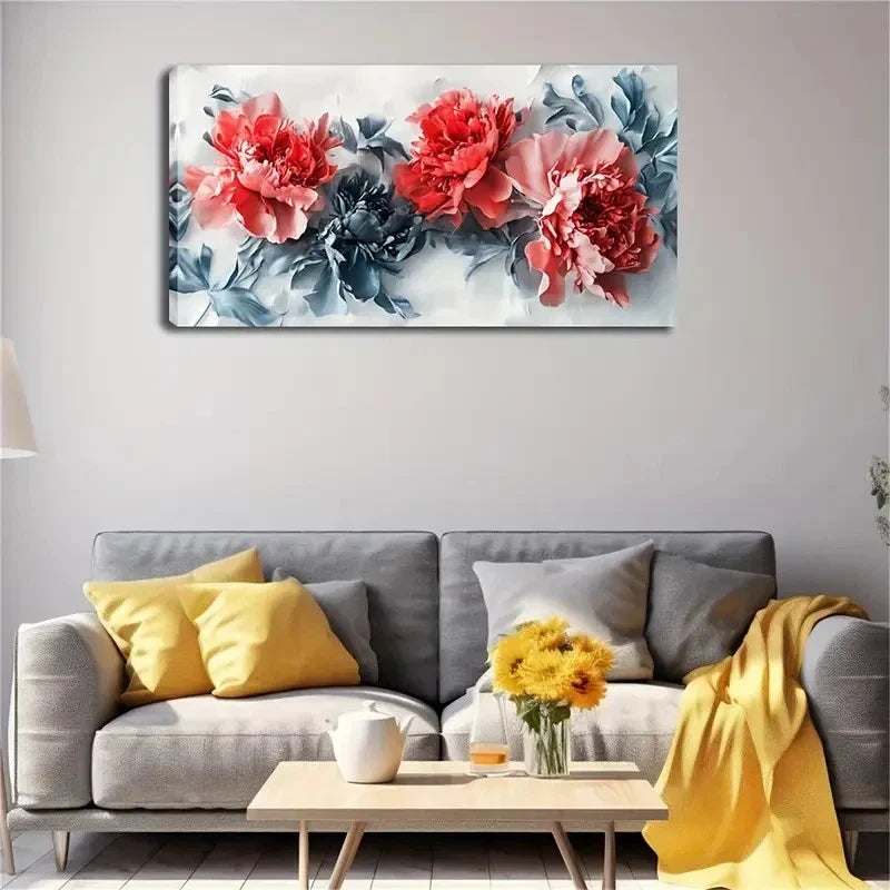Several Bright Red Peonies Wall Art Canvas Office Home Room Framed 120x60cm