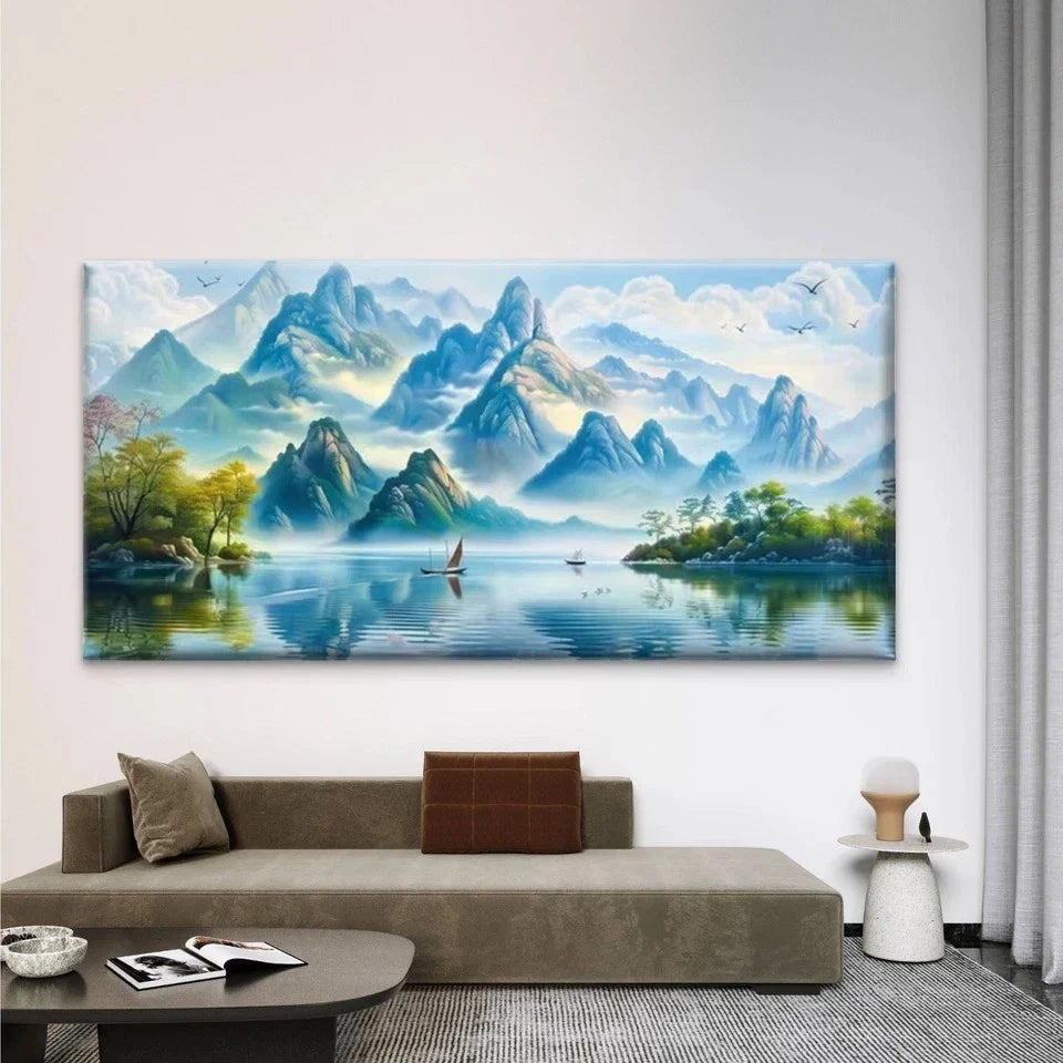 Mountains & Lakes Landscape Wall Art Canvas Office Home Room Framed 80x45cm