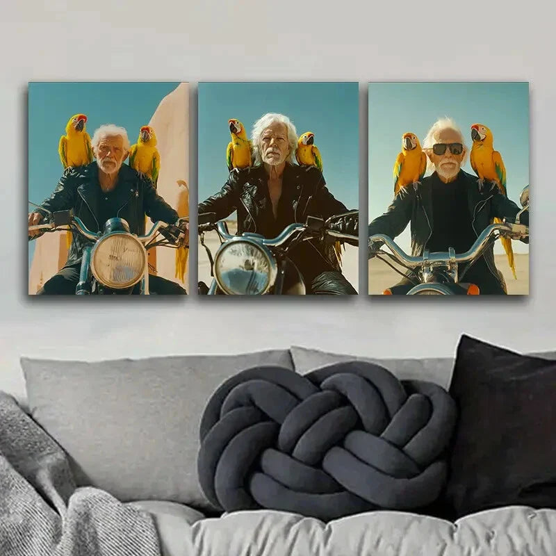 3pcs Vibrant Parrot & Motorcycle Scene Metal Print Ready to Hang Art