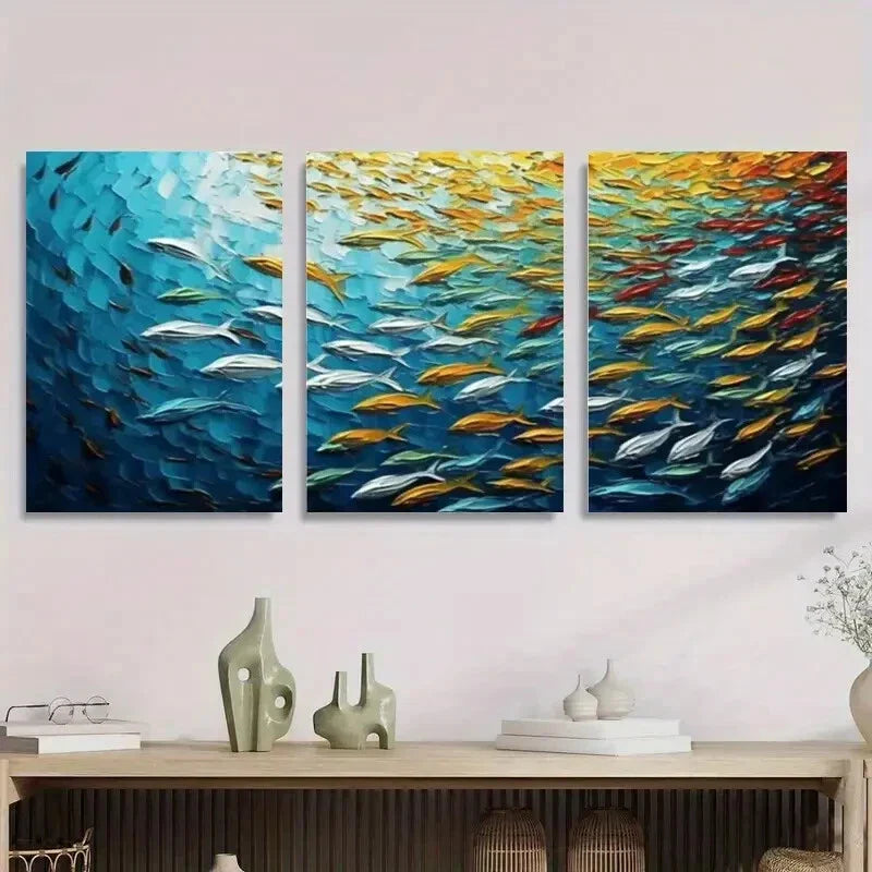 3pcs Vibrant School of Fish Colorful Underwater Metal Print Ready to Hang Art