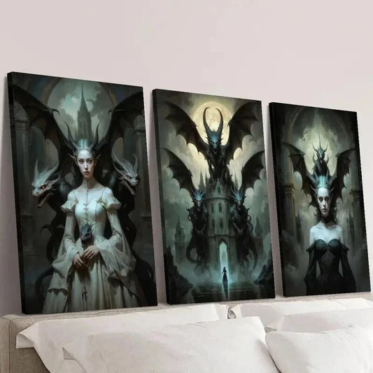 3pcs Haunted Dragon Queen Castle Illustration Wall Art Set Canvas Framed 40x60cm - High Quality Print 100% Australian Made Wall Canvas Ready to Hang