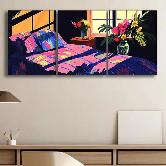 3pcs Illustration of Bedroom with Window Perfect Wall Art Set Canvas Framed 40x60cm - High Quality Print 100% Australian Made Wall Canvas Ready to Hang