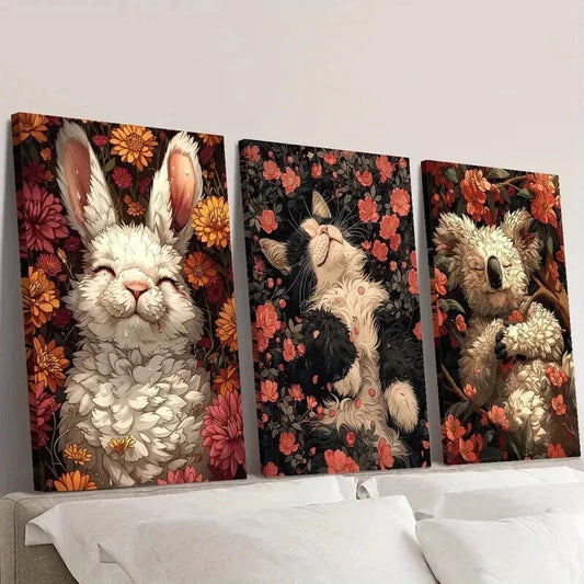 3pcs Rabbit Cat & Koala Sleeping on Flowers Wall Art Set Canvas Framed 40x60cm - High Quality Print 100% Australian Made Wall Canvas Ready to Hang