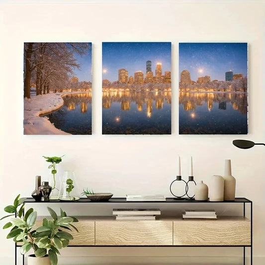 3pcs A Snowy Night Scene with City Skyline Metal Print Ready to Hang Art