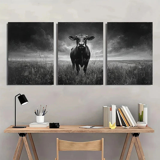 3pcs Black and White Land Cow Vintage Metal Print Ready to Hang Art