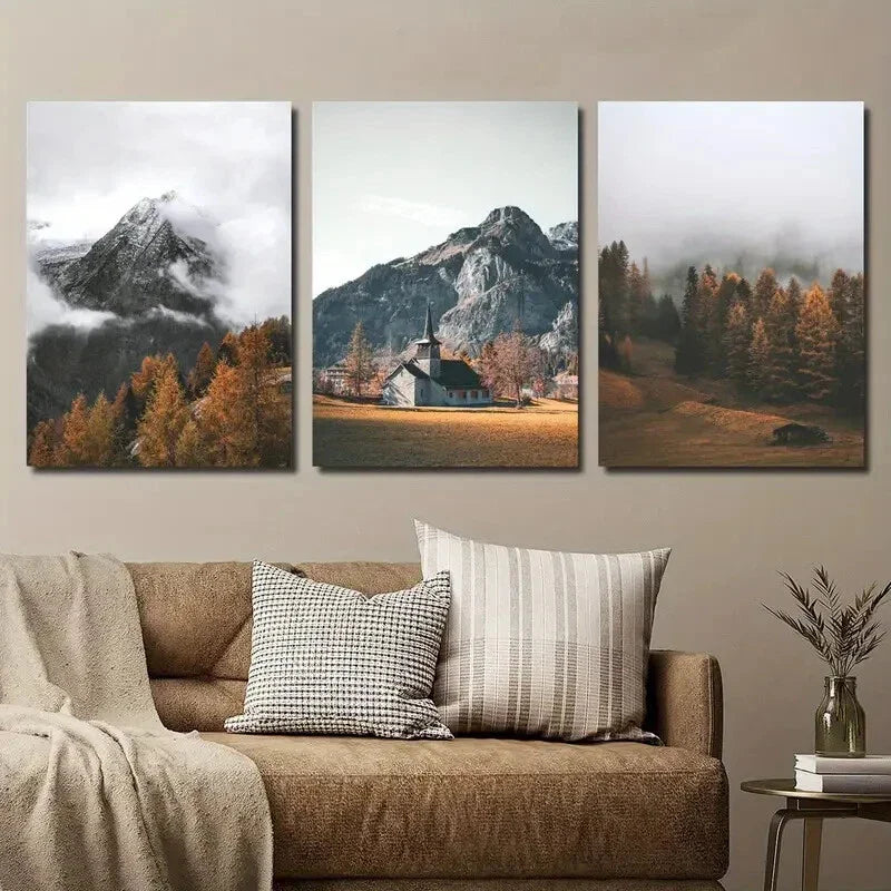 3pcs Nature Mountain Tops Pine Tree Sunrise Metal Print Ready to Hang Art