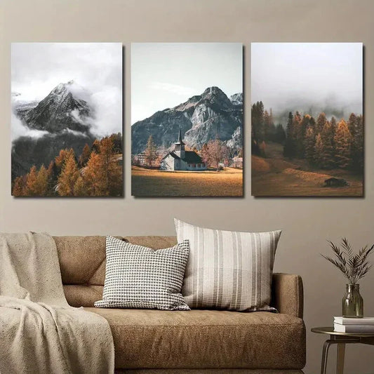 3pcs Nature Mountain Tops Pine Tree Sunrise Metal Print Ready to Hang Art