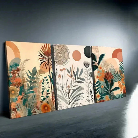 3pcs Bohemian Sun Leaves and Flowers Wall Art Set Canvas Framed 40x60cm - High Quality Print 100% Australian Made Wall Canvas Ready to Hang