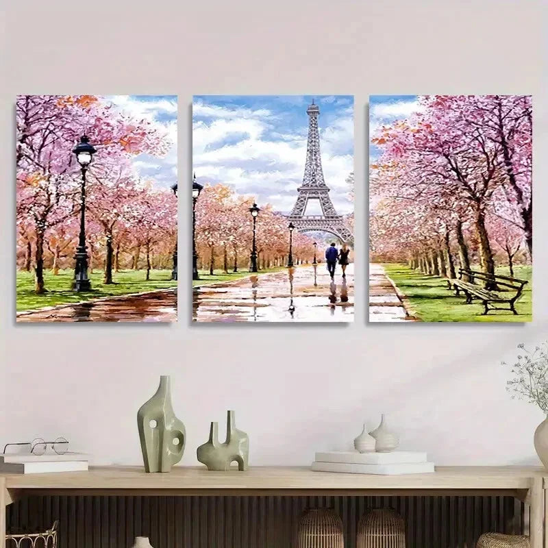 3pcs Eiffel Tower in Spring Cherry Blossom Metal Print Ready to Hang Art