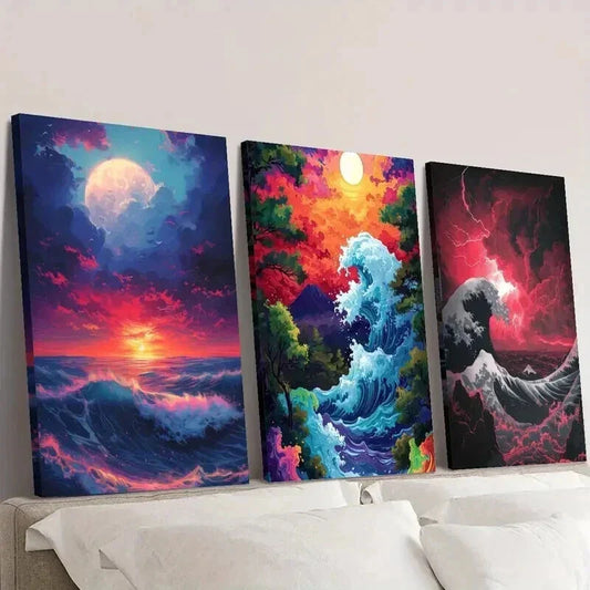 3pcs Colorful Ocean Wave & Sunset Scenes Wall Art Set Canvas Framed 40x60cm - High Quality Print 100% Australian Made Wall Canvas Ready to Hang