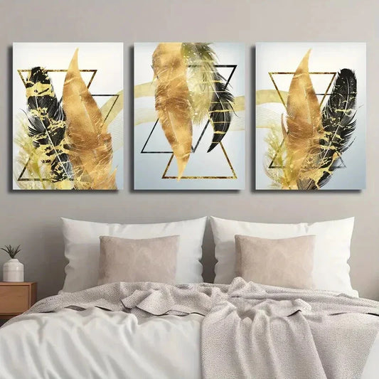 3pcs Black And Golden Feathers And Triangle Metal Print Ready to Hang Art