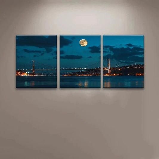 3pcs Full Moon & City Lights Bosphorus Night Scene Metal Print Ready to Hang Art