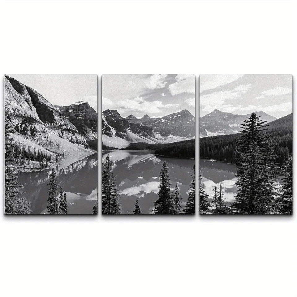 3pcs Black & White Mountain & Lake Scene Nature Metal Print Ready to Hang Art