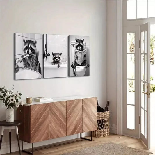 3pcs Abstract Raccoon in Funny Situations Wall Art Set Canvas Framed 40x60cm - High Quality Print 100% Australian Made Wall Canvas Ready to Hang