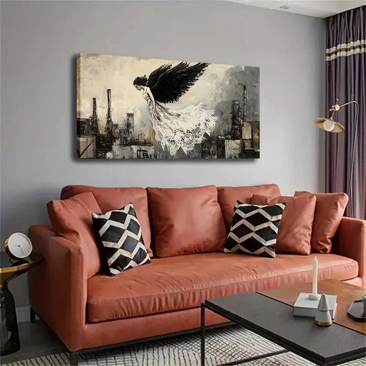 White Long Dress Black Wings Wall Art Canvas Office Home Room Framed 120x60cm