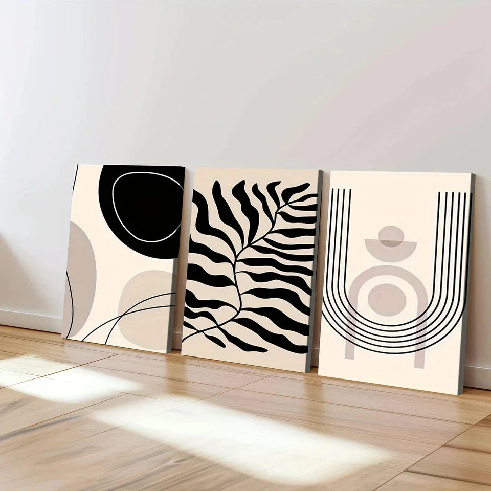3pcs Modern Abstract Geometric Leaves Black Line Wall Art Set Canvas Framed 40x60cm - High Quality Print 100% Australian Made Wall Canvas Ready to Hang