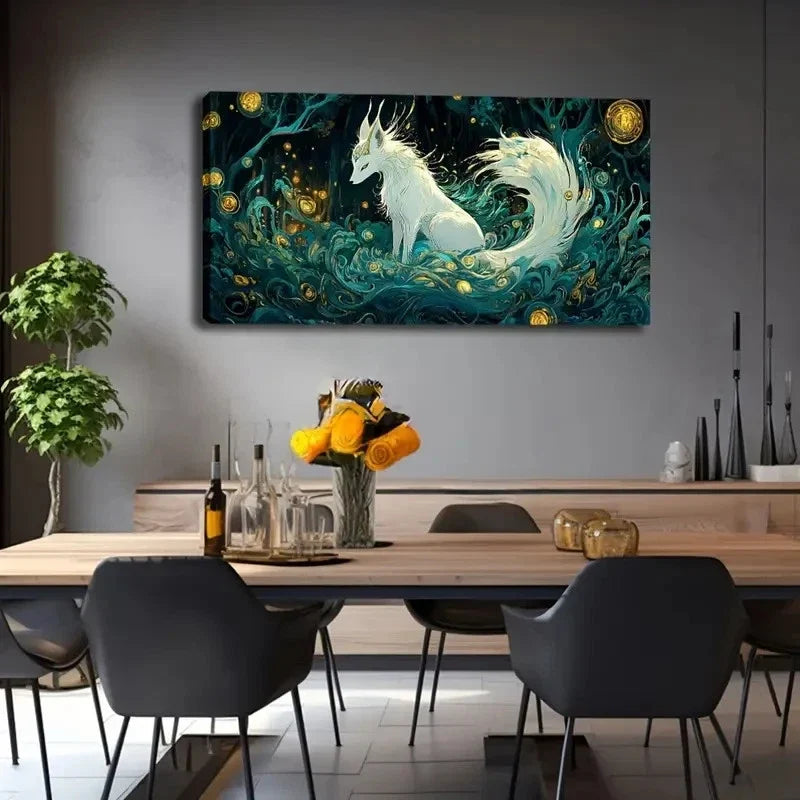 Mythical White Fox Teal Forest Wall Art Canvas Office Home Room Framed 120x60cm