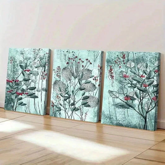 3pcs Blue & Green Leaf Design with Red Berries Wall Art Set Canvas Framed 40x60cm - High Quality Print 100% Australian Made Wall Canvas Ready to Hang