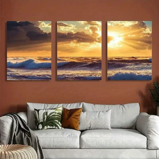 3pcs Vibrant Sunset Seascape with Golden Metal Print Ready to Hang Art
